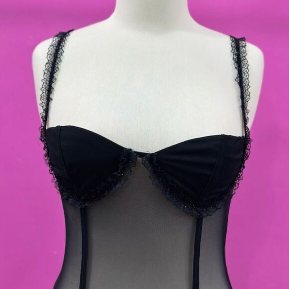 Black Mesh Bodysuit with Lace Straps and Ruffled Cup Details - Picture 3 of 8